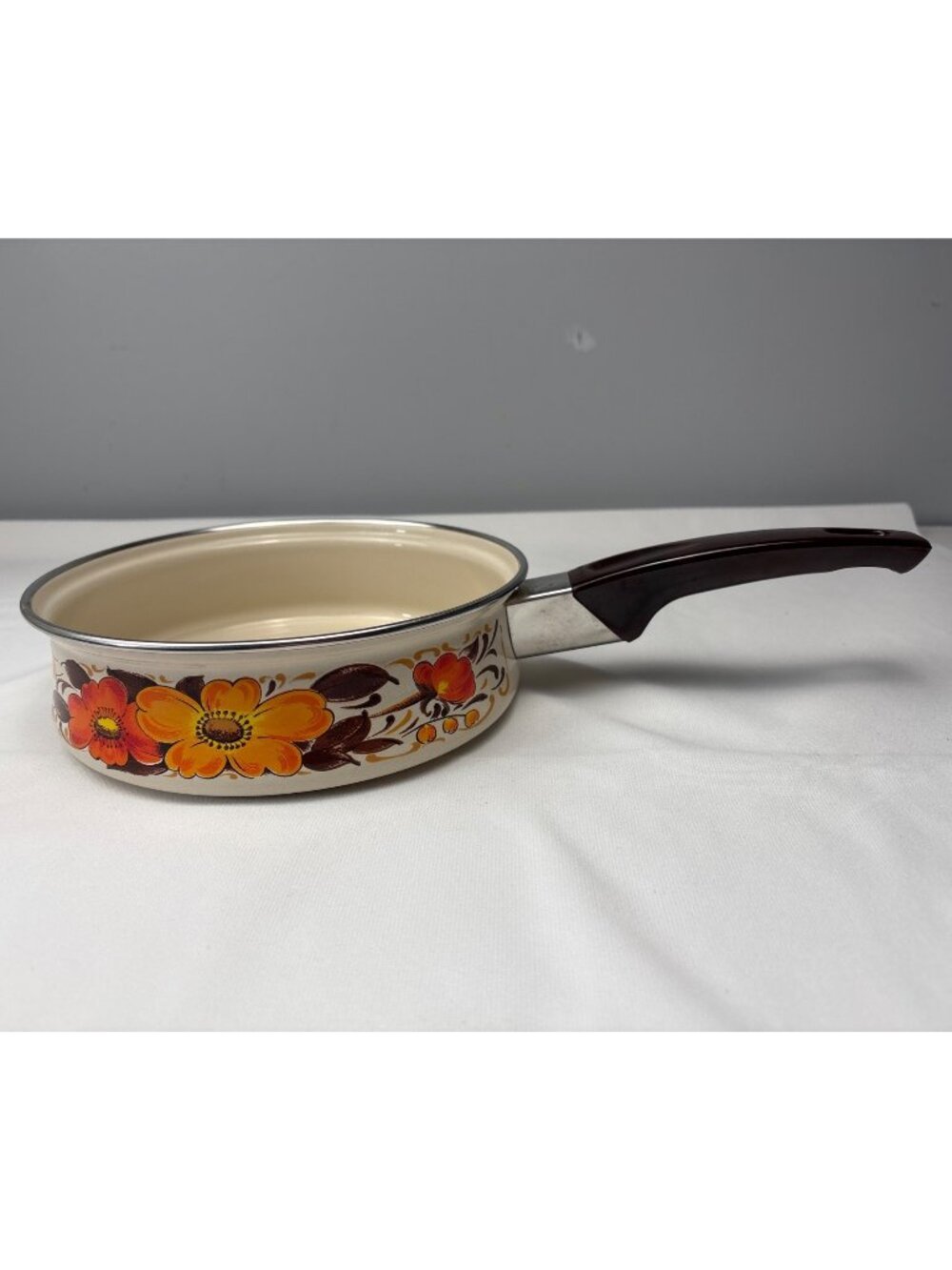 Sanko Ware Moneta Floral Enamel 8" Saucepan Orange Yellow Flowers Vtg Cookware